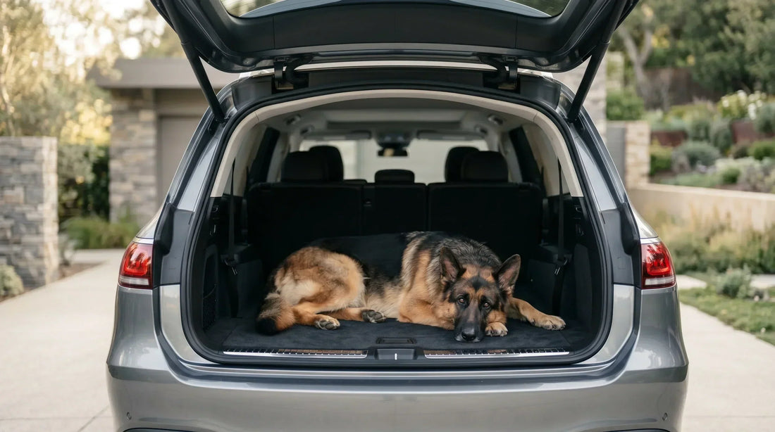 Schäferhund liegt im offenen Kofferraum eines grauen Autos vor einem Haus