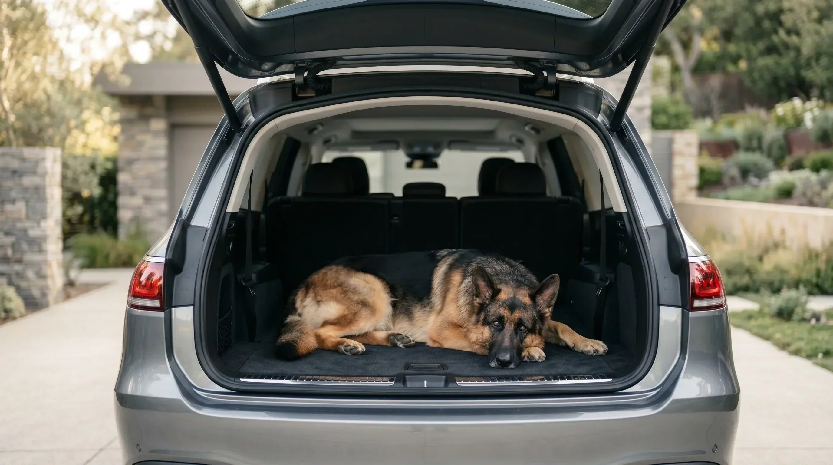 Schäferhund liegt im offenen Kofferraum eines grauen Autos vor einem Haus