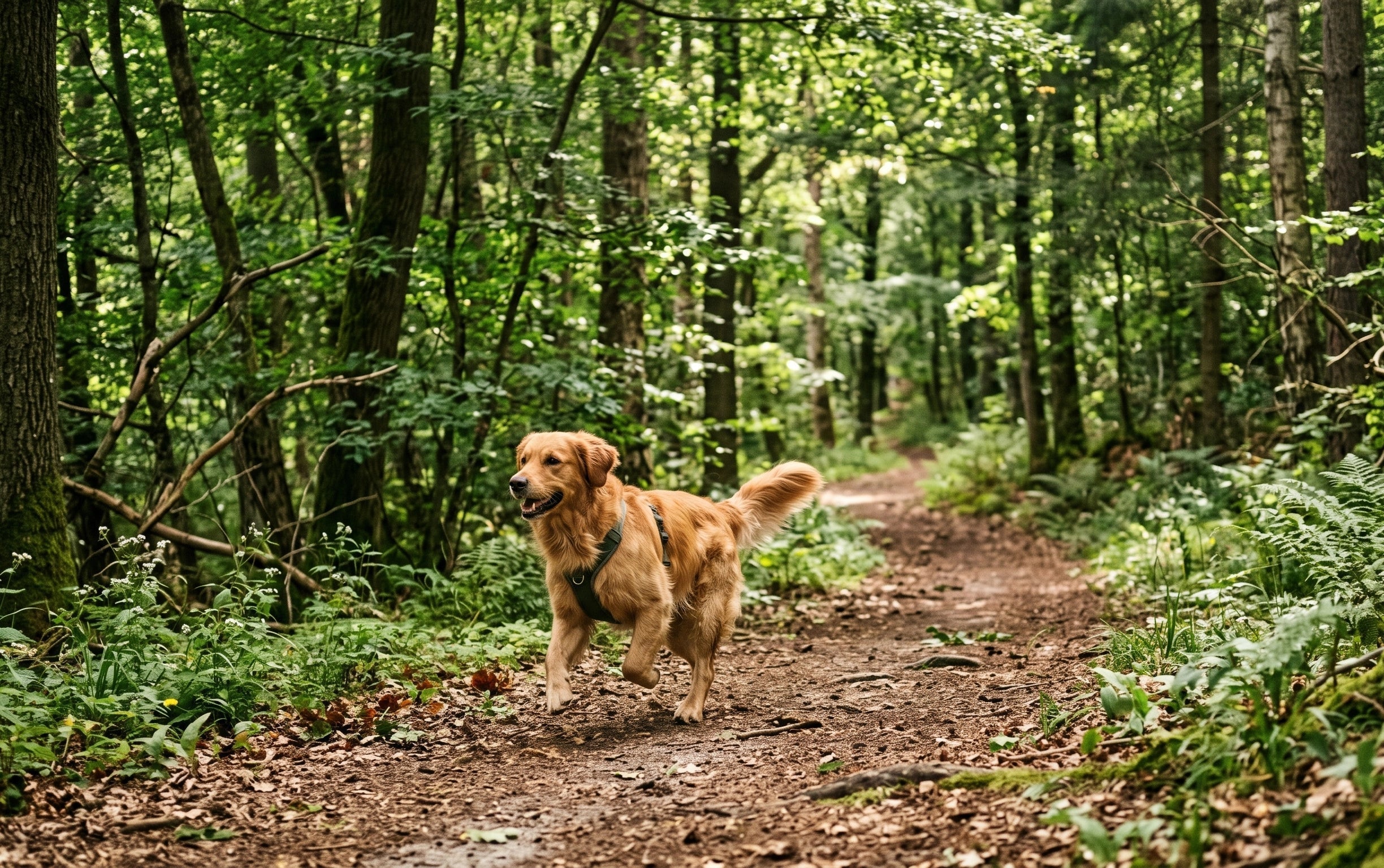 Ein Golden Retriever mit Brustgeschirr rennt an einem sonnigen Tag über einen idyllischen Waldweg.