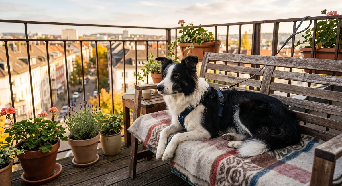Border Collie liegt mit Brustgeschirr auf einer Decke auf einer Holzbank auf einem Stadtbalkon.