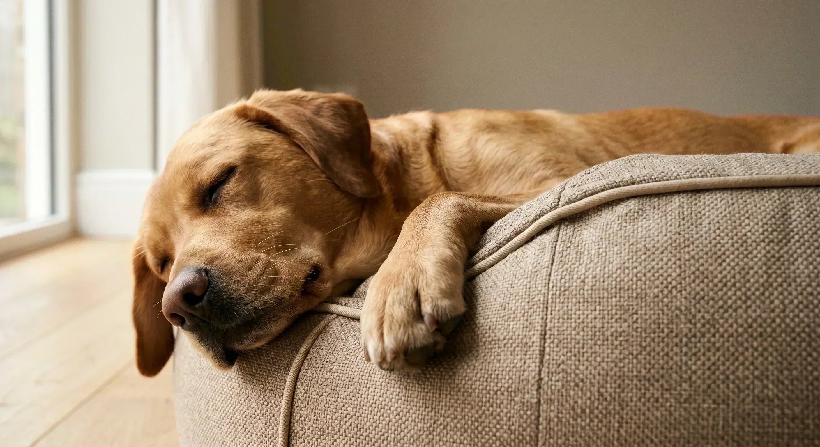 Schlafender Golden Retriever auf gepolstertem Hundebett im Wohnzimmer, Kopf und Pfote über dem Rand