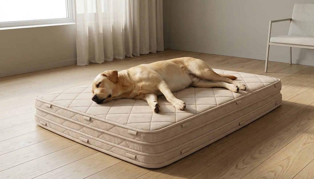 Schlafender Labrador auf beigem modularen orthopädischen Hundebett im hellen Wohnzimmer