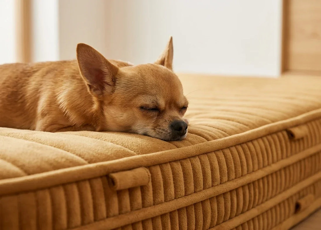 Schlafender Chihuahua auf orangenem modularen XL-Hundebett im warmen Wohnambiente