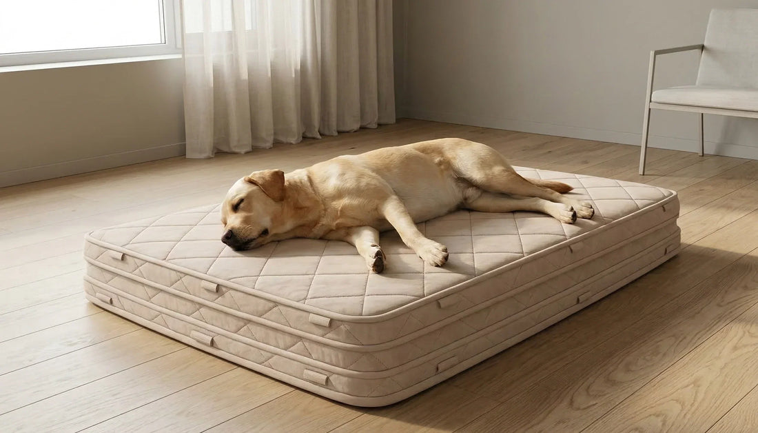 Schlafender Labrador auf beigem modularen orthopädischen Hundebett im hellen Wohnzimmer