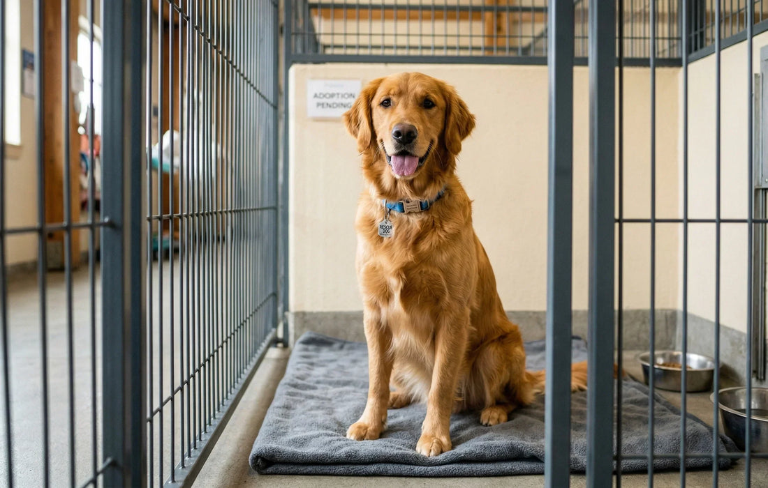 Brauner Hund im Tierheim-Zwinger auf grauer Decke mit Futternäpfen