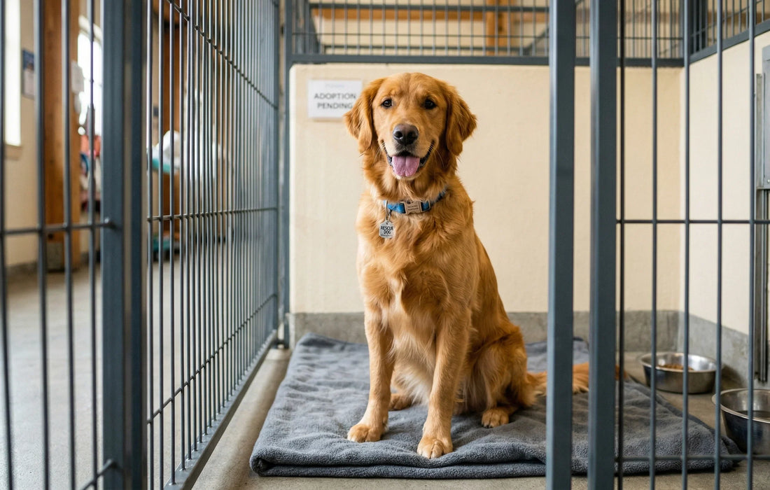 Brauner Hund im Tierheim-Zwinger auf grauer Decke mit Futternäpfen