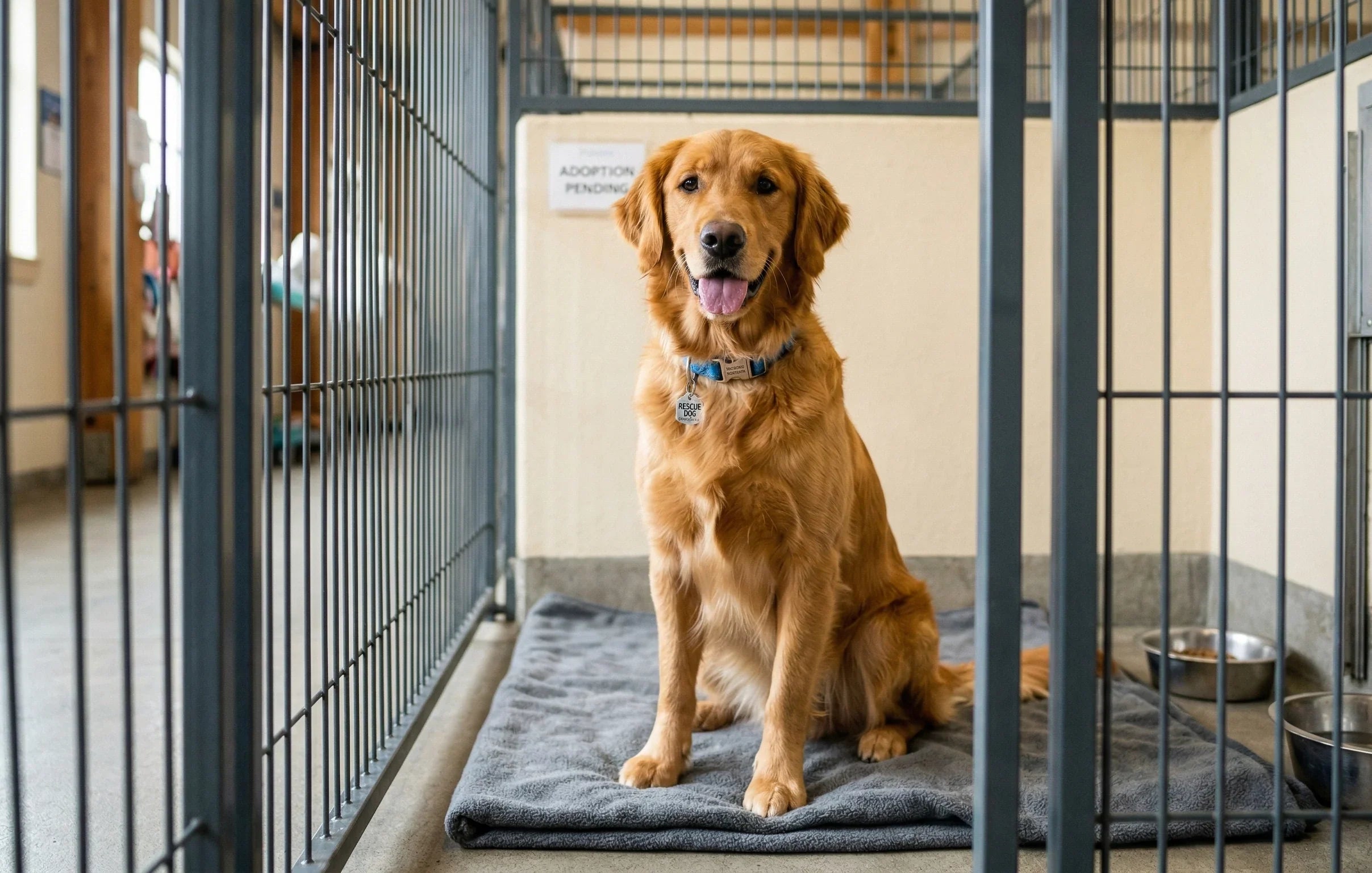 Brauner Hund im Tierheim-Zwinger auf grauer Decke mit Futternäpfen