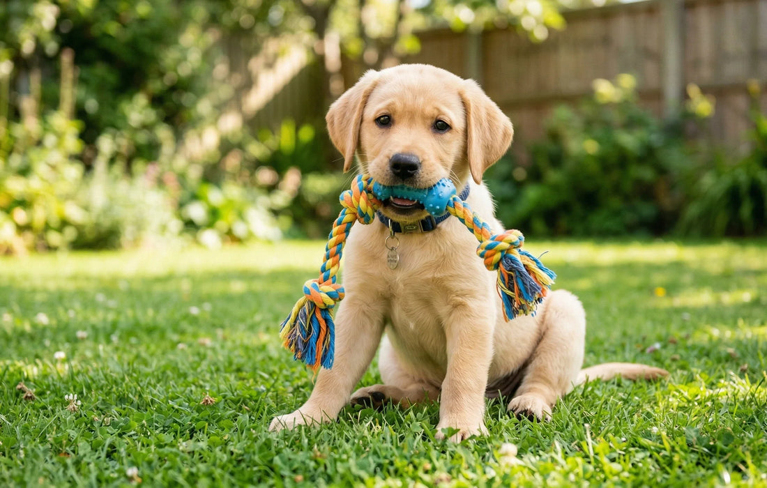 Labrador-Welpe mit buntem Hundespielzeug aus Seil im Garten auf grüner Wiese