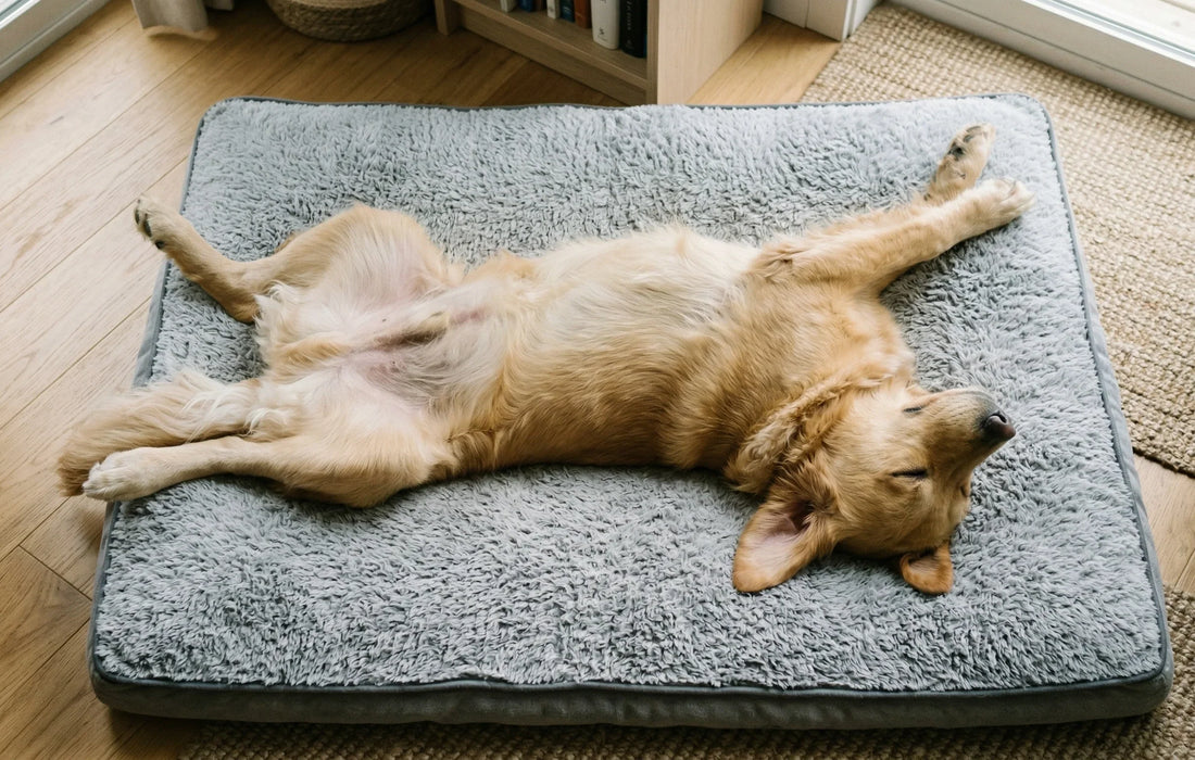 Entspannter Golden Retriever auf flauschigem grauem Hundebett im hellen Wohnzimmer