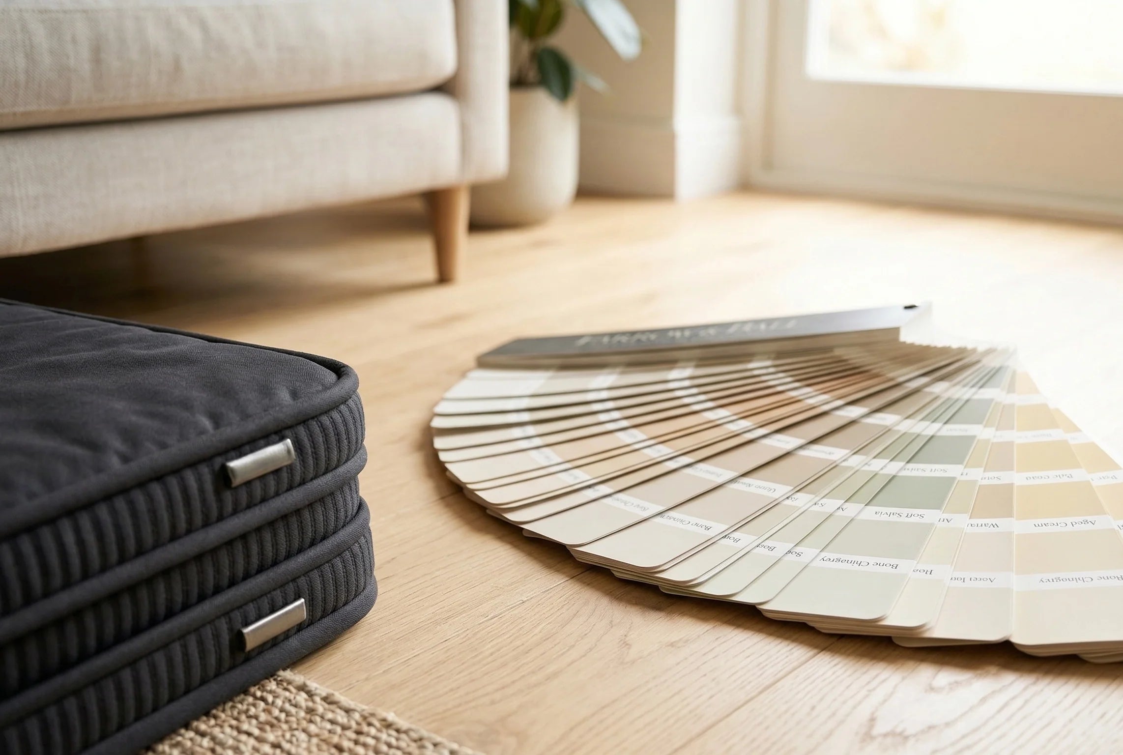 Dunkelgraues modulares Hundebett neben Farbmusterfächer für Interior-Styling im hellen Wohnzimmer