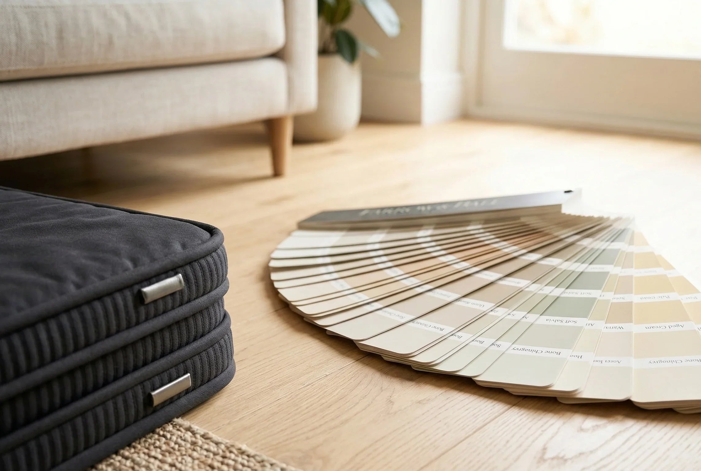 Dunkelgraues modulares Hundebett neben Farbmusterfächer für Interior-Styling im hellen Wohnzimmer