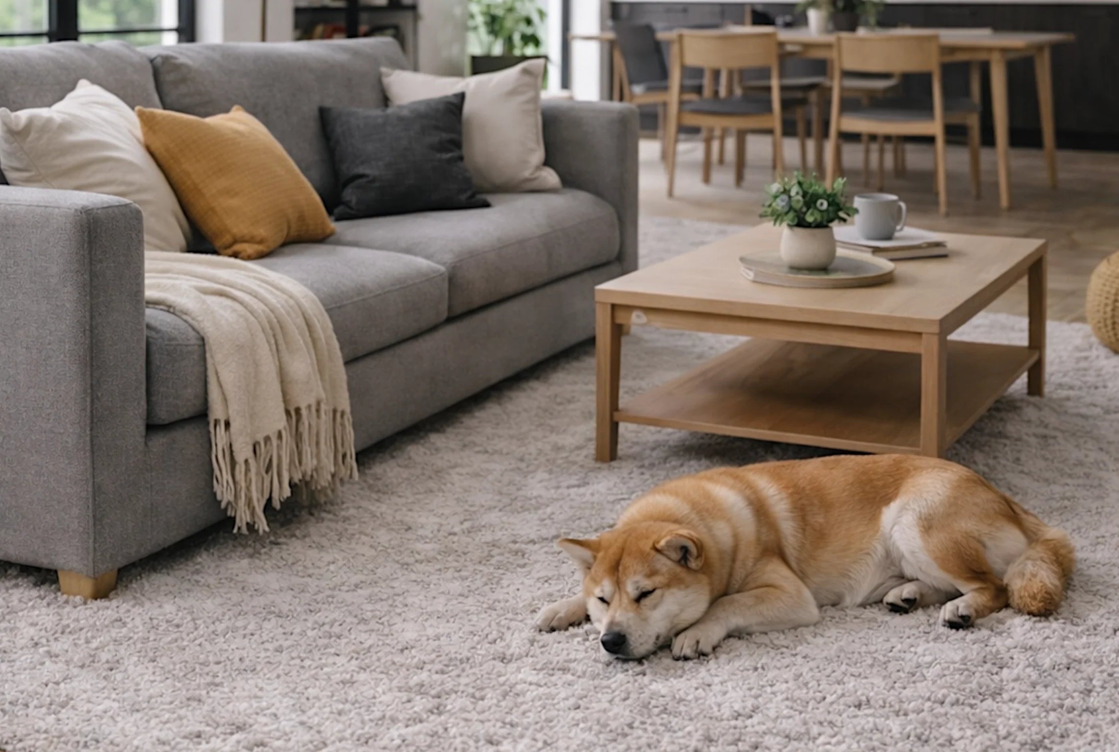 Schlafender Hund auf hellem Teppich im gemütlichen Wohnzimmer