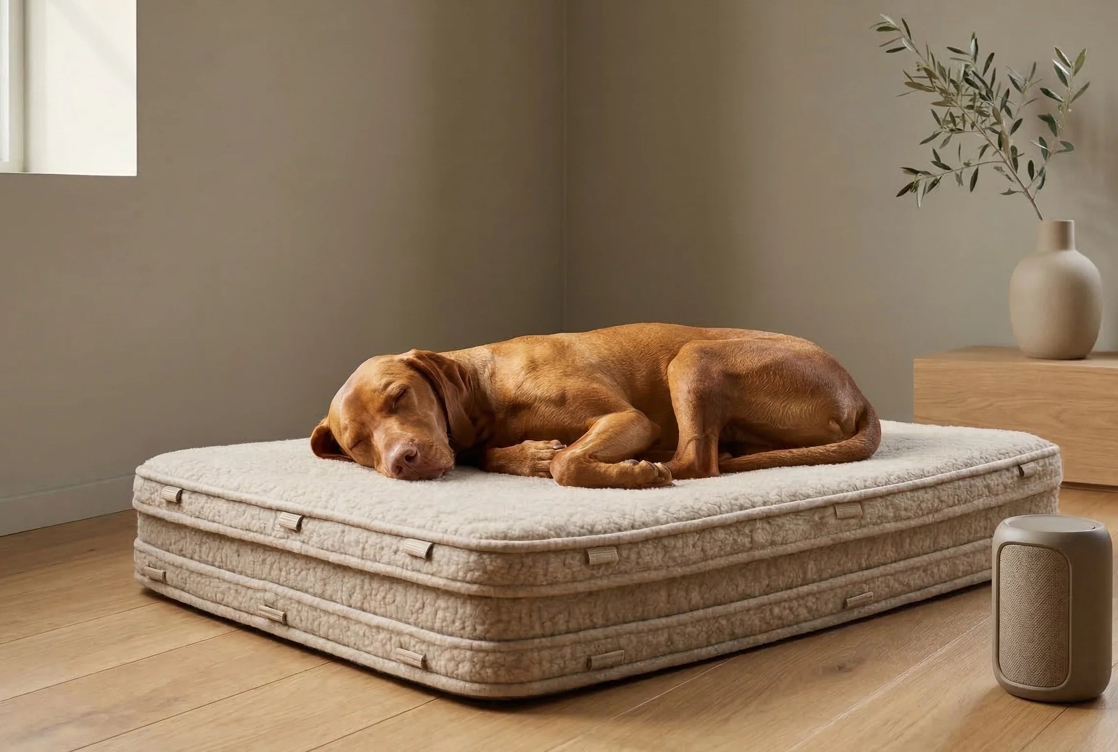 Schlafender brauner Hund auf beigem Hundebett im Wohnzimmer neben Lautsprecher