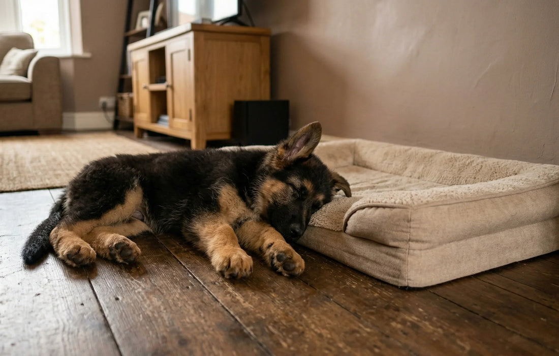 Schlafender Welpe mit Kopf auf beigem Hundebett im Wohnzimmer mit dunklem Holzboden