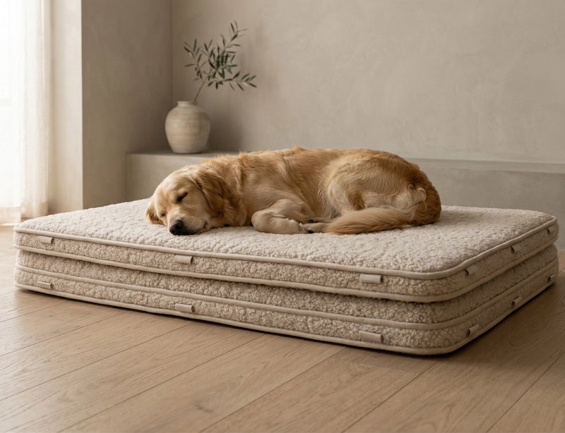 Schlafender Golden Retriever auf beigem orthopädischen Hundebett mit Flausch-Bezug im hellen Wohnzimmer