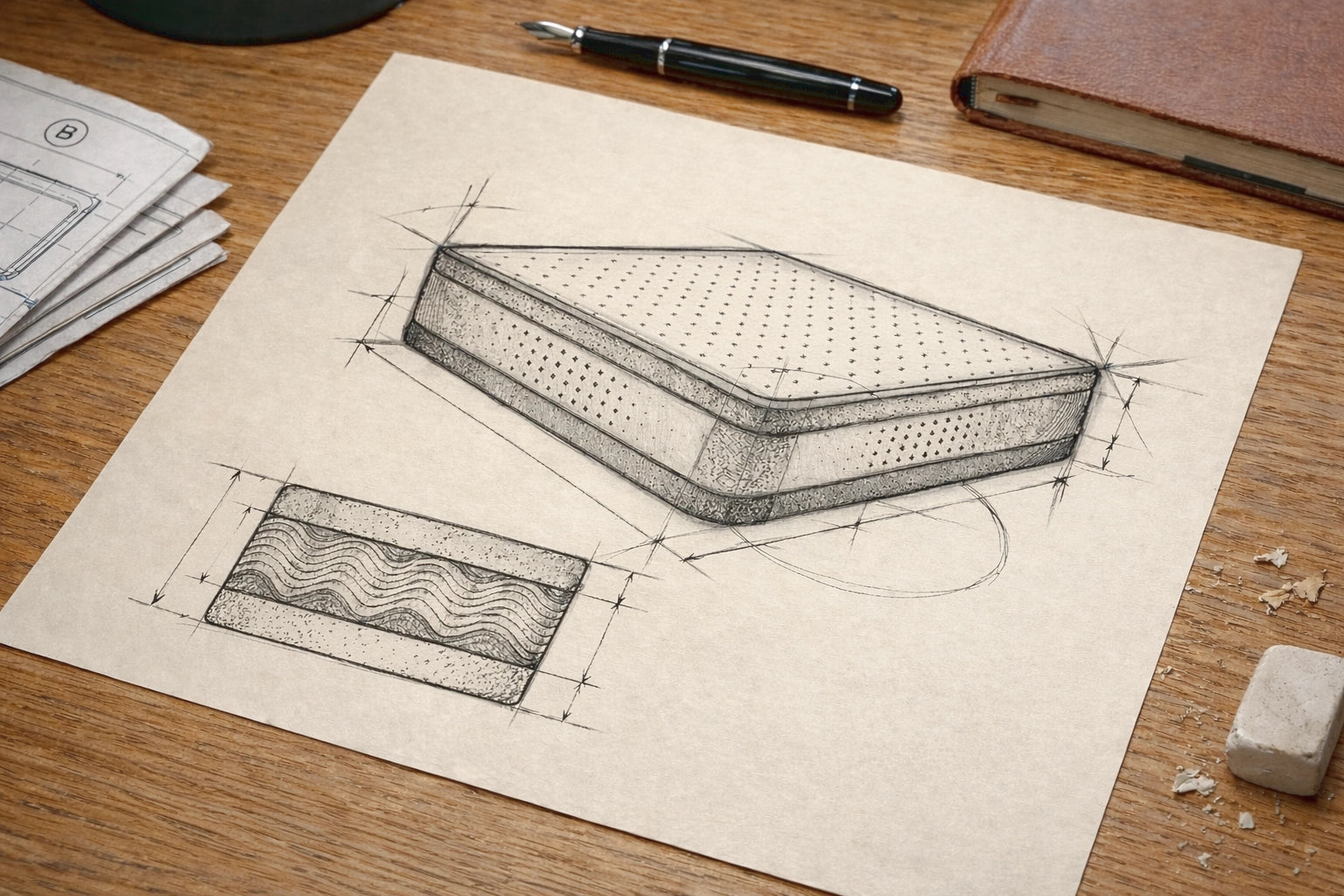 Produktskizze eines modularen orthopädischen Hundebetts mit Schichtaufbau auf Schreibtisch